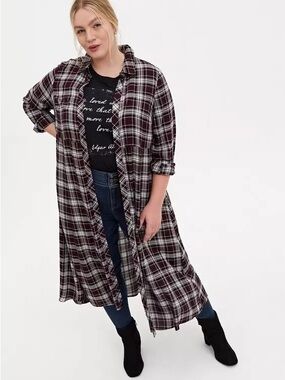 TORRID Size 2 2X Black Plaid Brushed Challis Duster Shirt Kimono Cardigan plaid